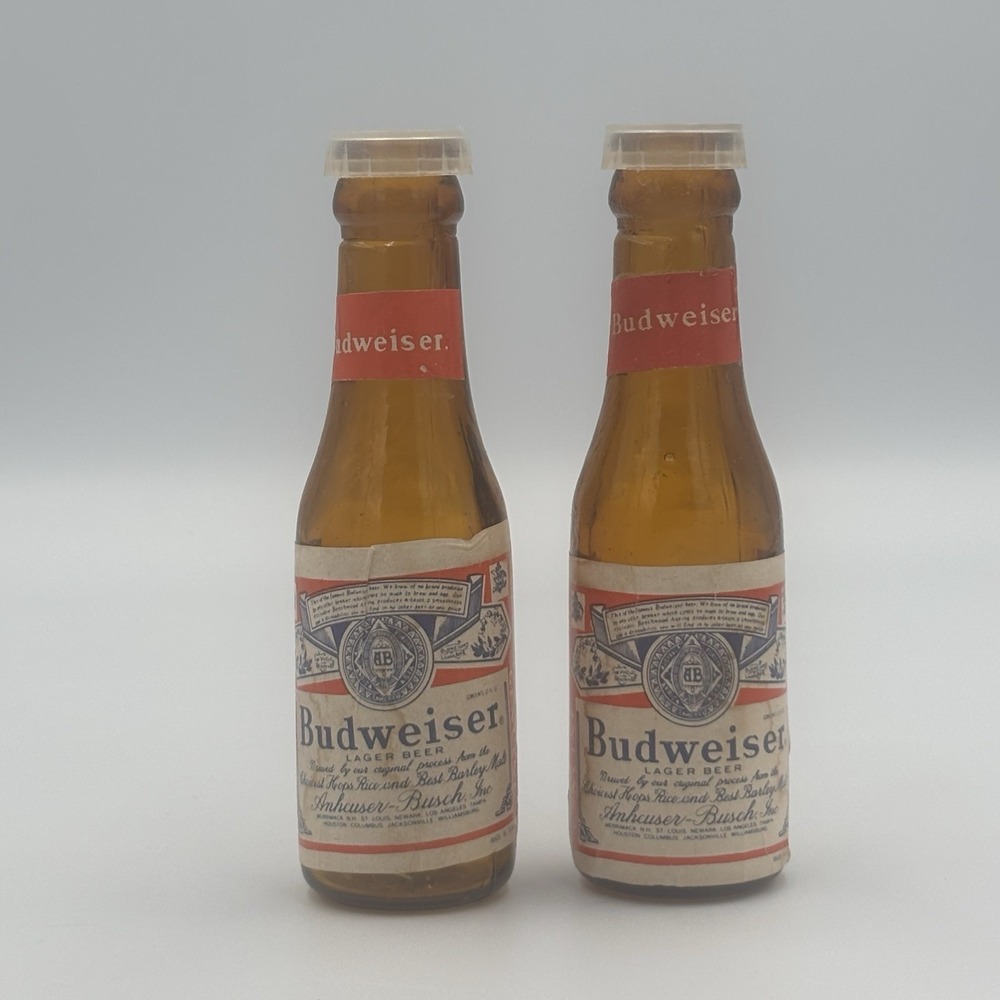 Vintage Budweiser Long Neck Amber Glass Bottle Salt &‎ Pepper Shakers Set 4"